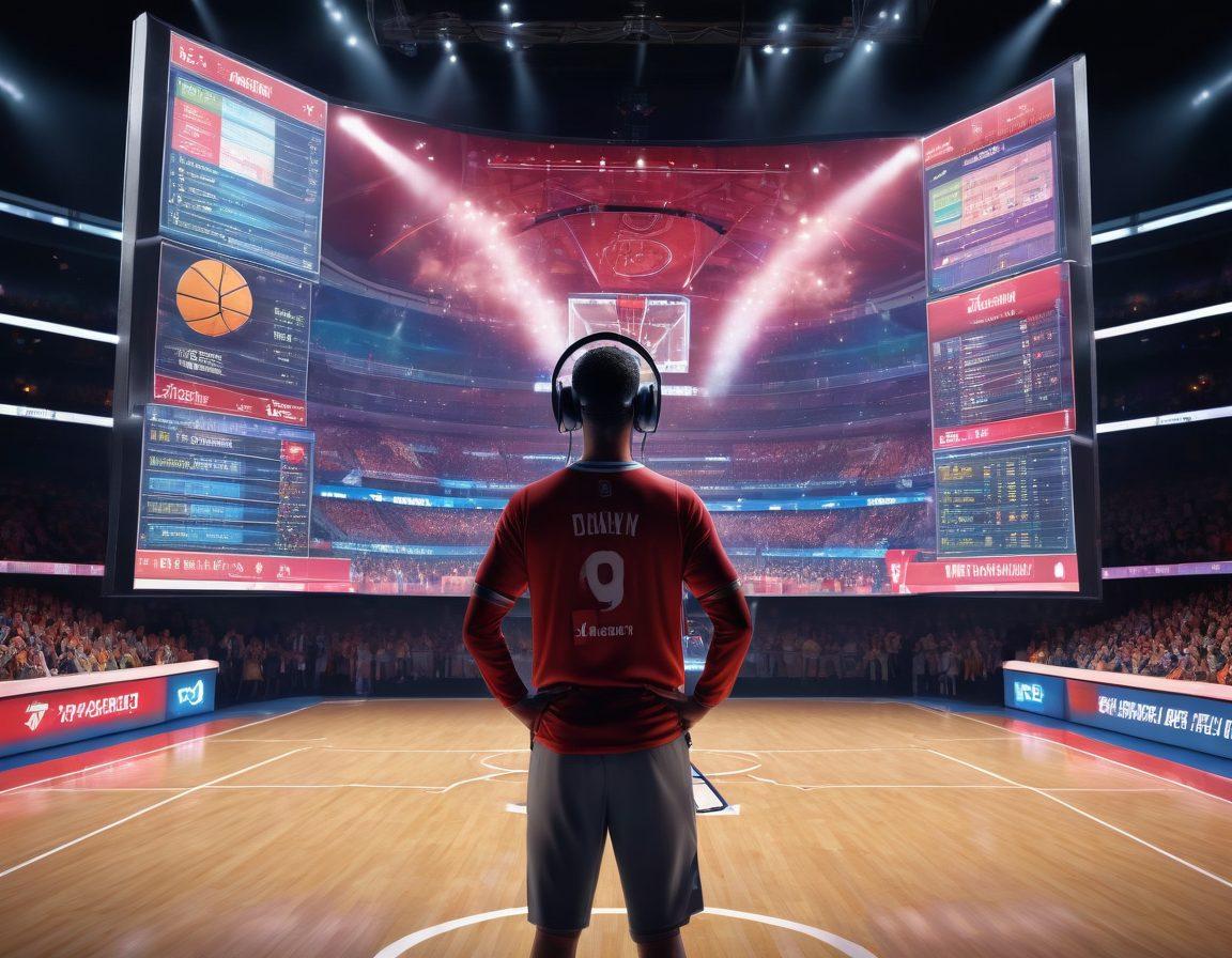 A dynamic sports commentator analyzing a basketball game, surrounded by game charts and stats, with a vibrant crowd in the background. The commentator is wearing a headset and pointing at key plays on a large screen. The atmosphere is electric, showcasing team logos and sports equipment. Bright colors and dramatic lighting emphasize the intensity of competition. super-realistic. vibrant colors. 3D.