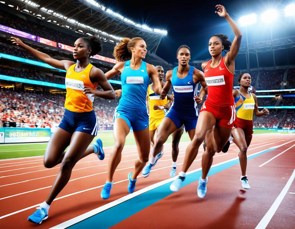 A dynamic scene showcasing a diverse group of athletes engaged in various sports, with vibrant energy emanating from their movements. Incorporate elements like a digital scoreboard displaying live updates, flowing ribbons of energy around them symbolizing speed and competition, and a backdrop of an impressive stadium filled with cheering fans. Emphasize movement and excitement in the composition to reflect the pulse of athletics. super-realistic. vibrant colors. 3D.