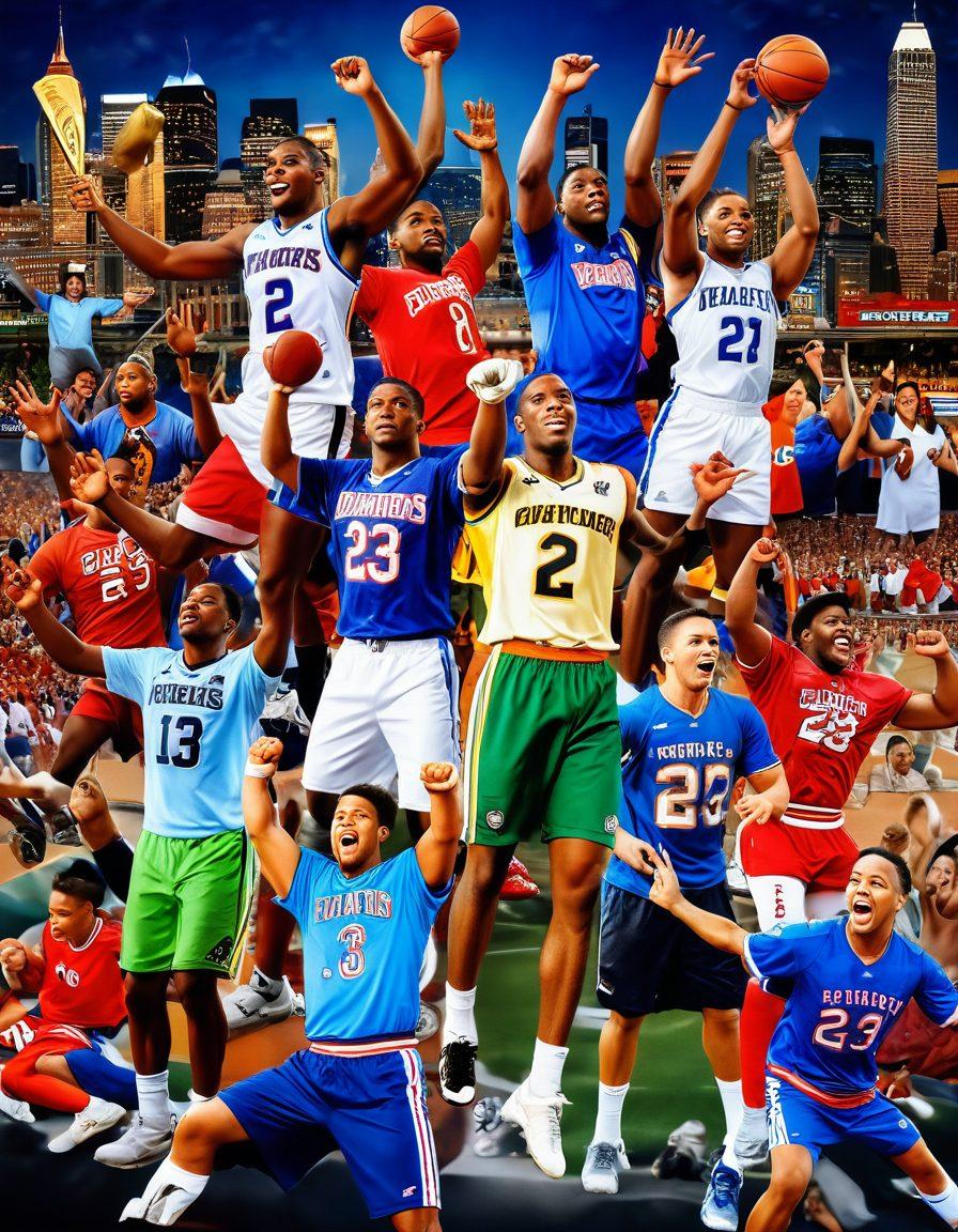 A dynamic collage featuring diverse athletes in action, celebrating victory and teamwork, surrounded by vibrant sports memorabilia. Include elements like trophies, jerseys, and cheering fans to convey excitement. The background should showcase iconic sports venues fading into a city skyline, representing sports culture dynamics. super-realistic. vibrant colors. high contrast.